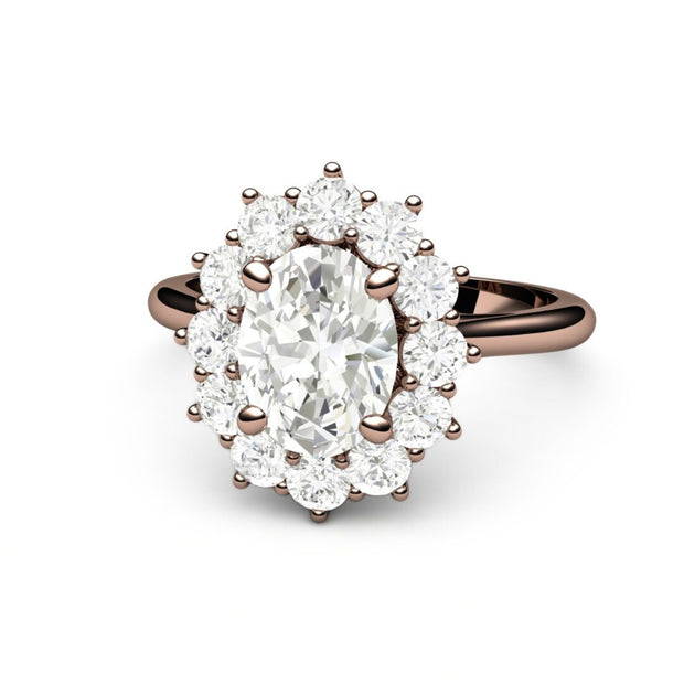2CT oval colorless Moissanite ring in a vintage style rose gold setting.