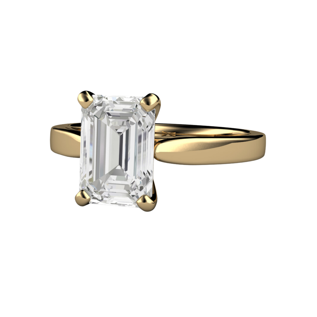 2 carat emerald cut lab created diamond engagement ring classic solitaire setting  in 14K Yellow Gold - Rare Earth Jewelry.