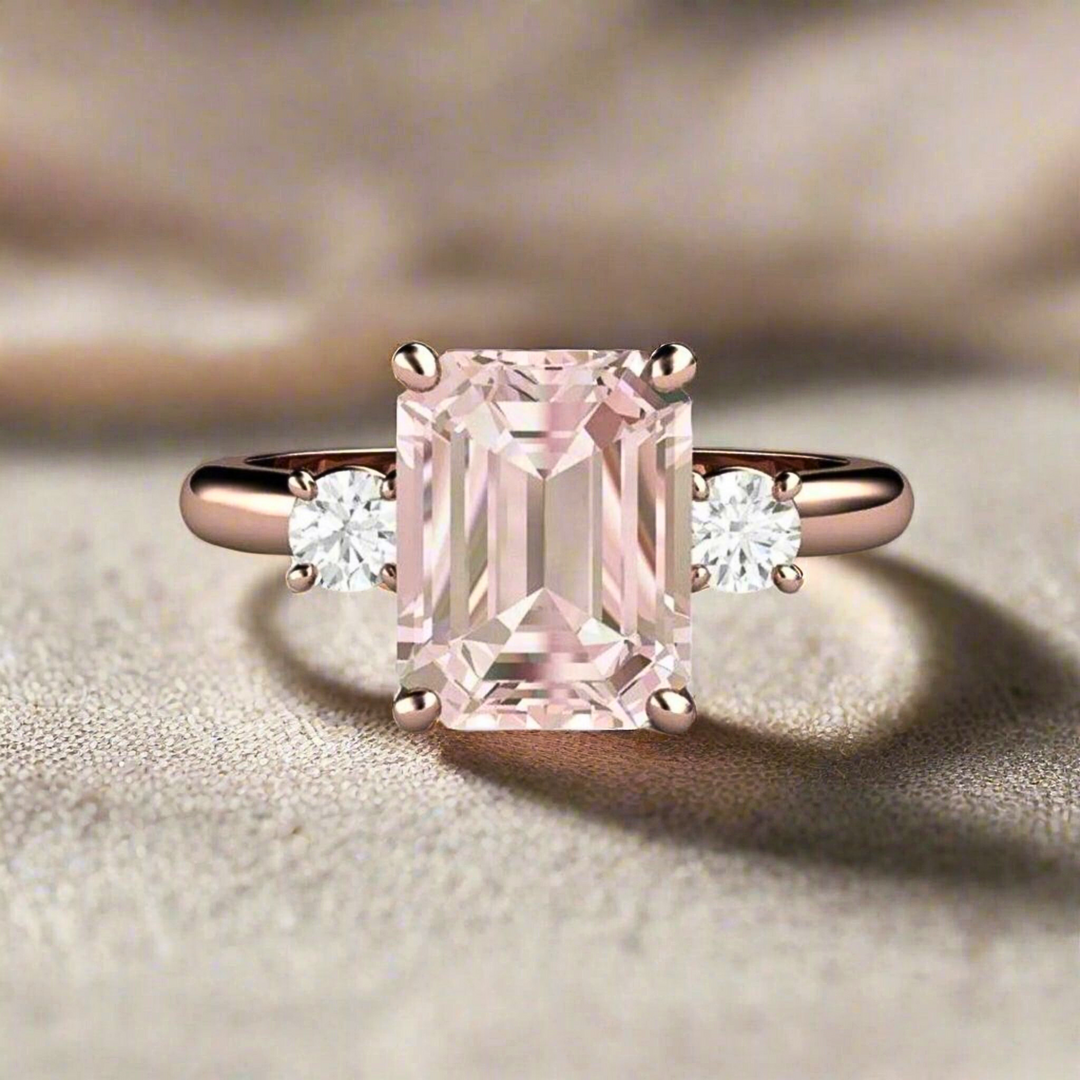 2ct Emerald Cut Morganite Engagement Ring, 3 Stone Style, Rose Gold.