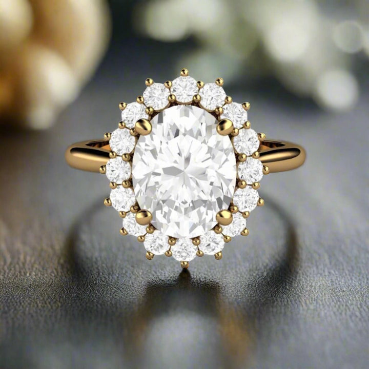 2ct Oval Moissanite Engagement Ring, Heirloom Style Halo, Vintage Inspired Cocktail or Statement Ring.