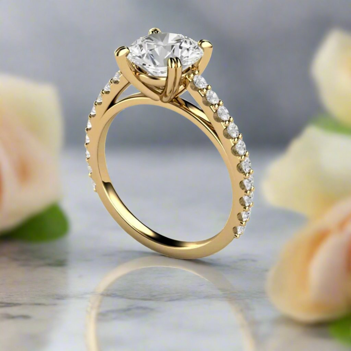 2ct Round Moissanite Solitaire Engagement Ring, Classic Cathedral Solitaire, Double Prongs, Pave Accents, Shown in Yellow Gold.