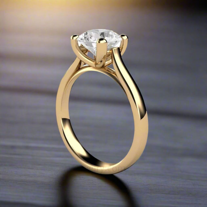 2ct Colorless Moissanite Solitaire Ring, Forever One Moissanite Engagement Ring, Classic 4 Prong Cathedral Setting, Gold and Platinum.