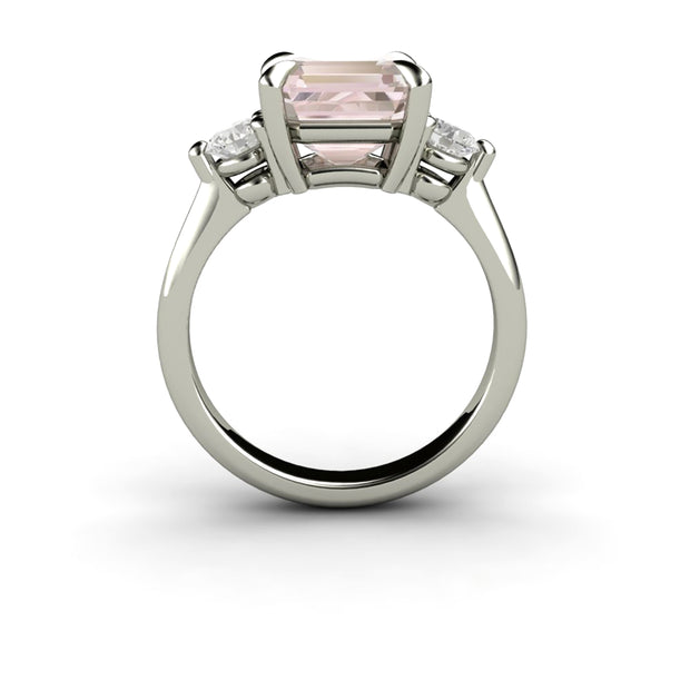 3 Stone Morganite Engagement Ring Asscher Cut with Diamonds and Claw Prongs