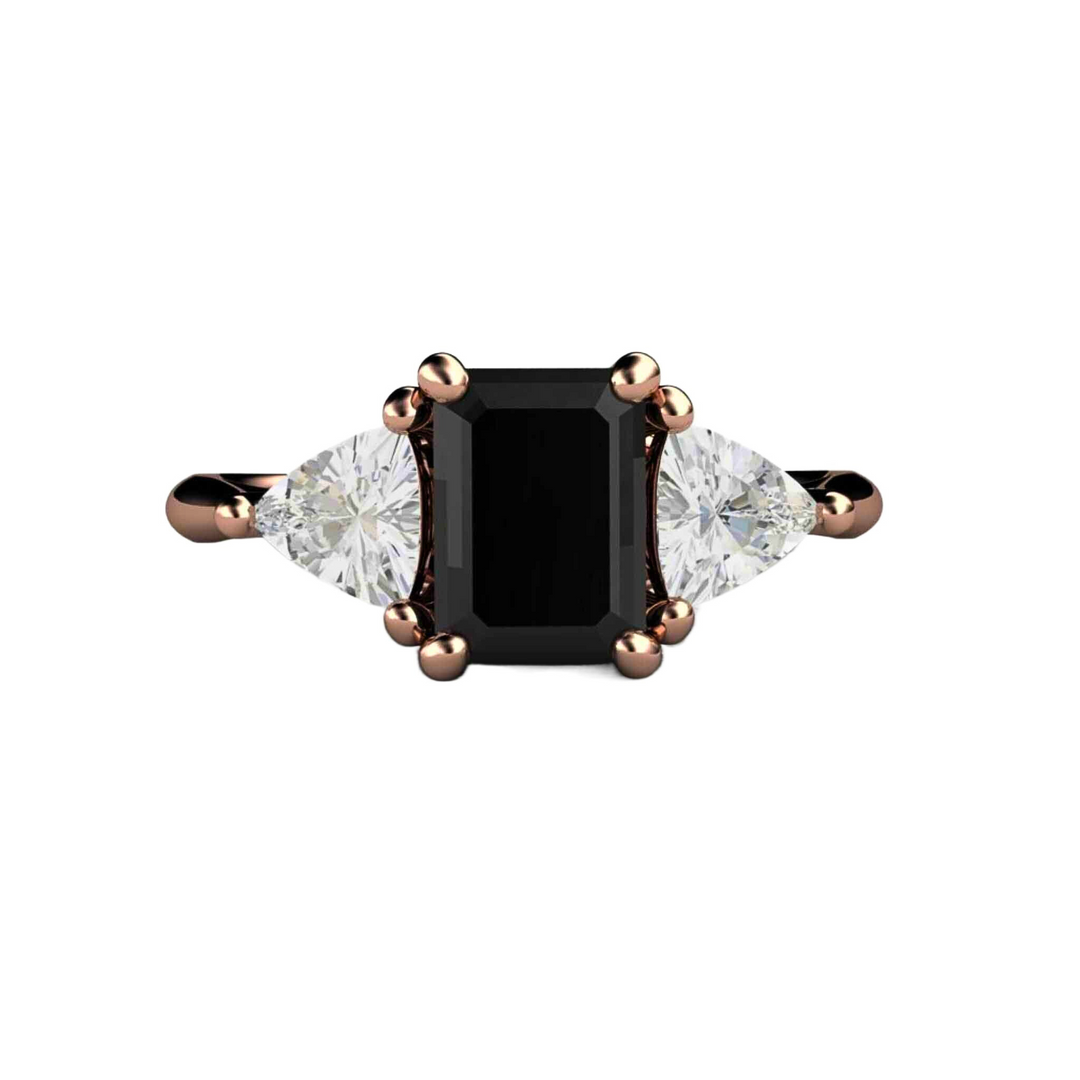 3 Stone Black Spinel Engagement Ring, Emerald Cut with White Sapphire Accents, Gold or Platinum