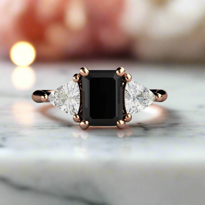 Emerald Cut Black Stone Engagement Ring, 3 Stone Style with Trillions, Rose Gold Black Spinel Ring