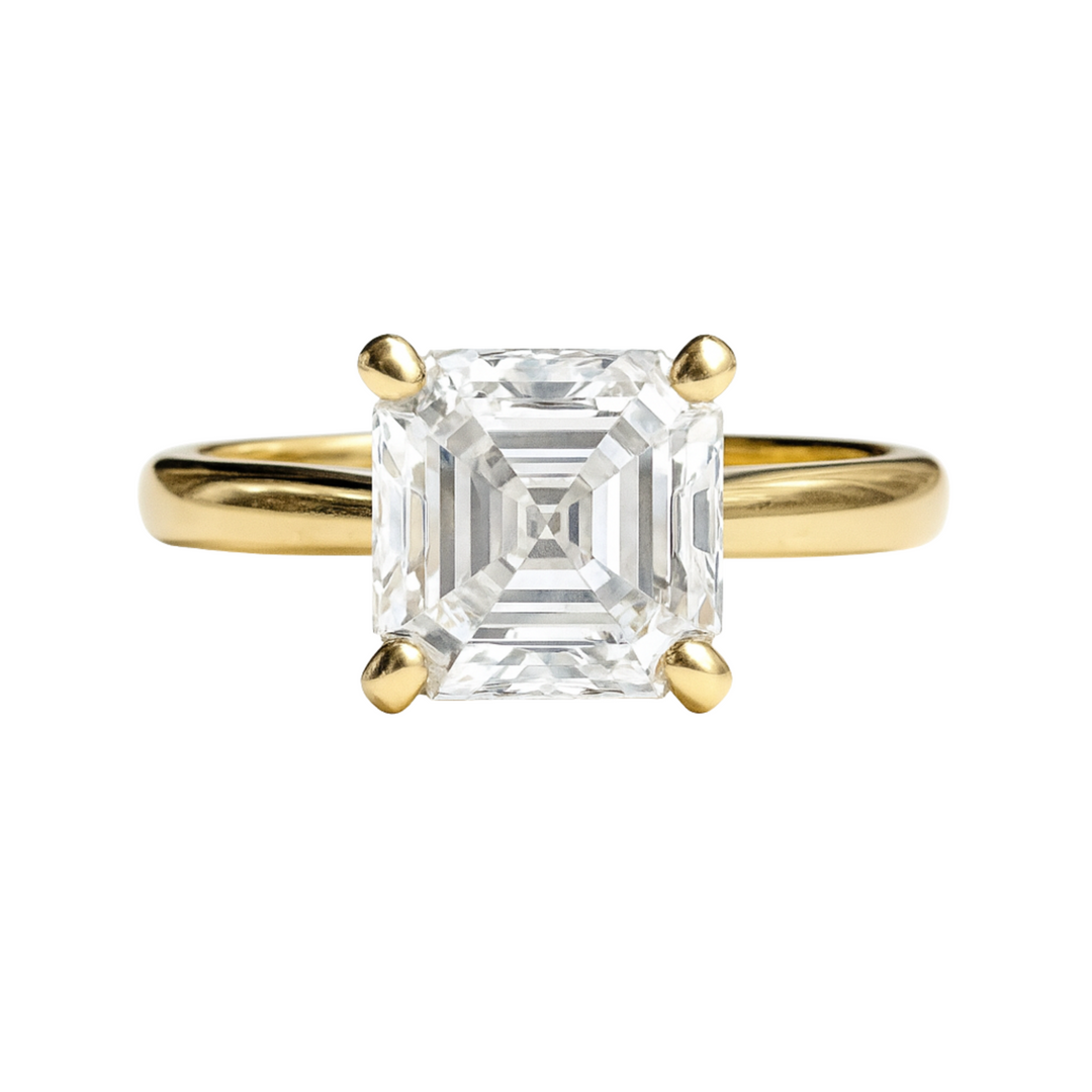 A 3 carat asscher cut lab grown diamond engagement ring in a classic 4 prong solitaire setting in 14K Gold, 18K Gold or Platinum | Rare Earth Jewelry