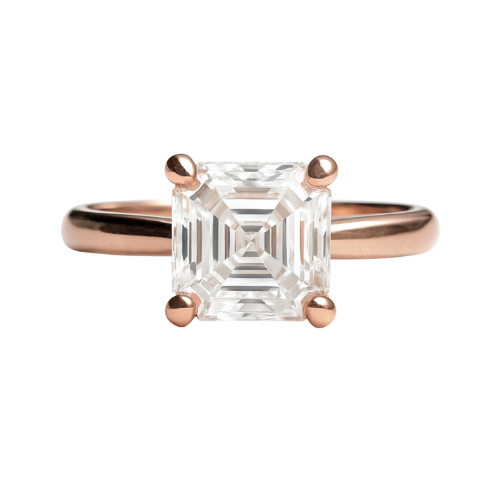 A 3CT asscher cut diamond engagement ring, an 8mm asscher cut lab grown diamond solitaire ring, shown in rose gold | Rare Earth Jewelry