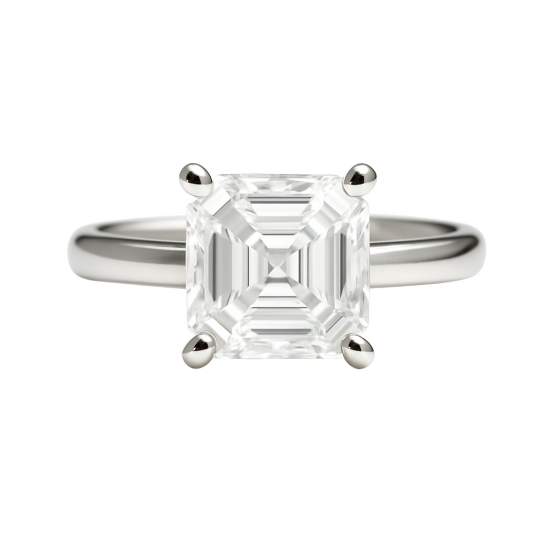 A Classic Asscher Cut Diamond Solitaire Engagement Ring, 3 Carats, 8mm, F Colorless, VS Clarity IGI Certified Lab Grown Diamond Ring in 14K or 18K Gold and Platinum | Rare Earth Jewelry