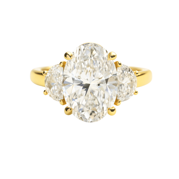 3ct Oval Lab Grown Diamond Engagement Ring with Half Moon Side Stones in 18K Yellow Gold, Diamond Trio Ring | Rare Earth Jewelry