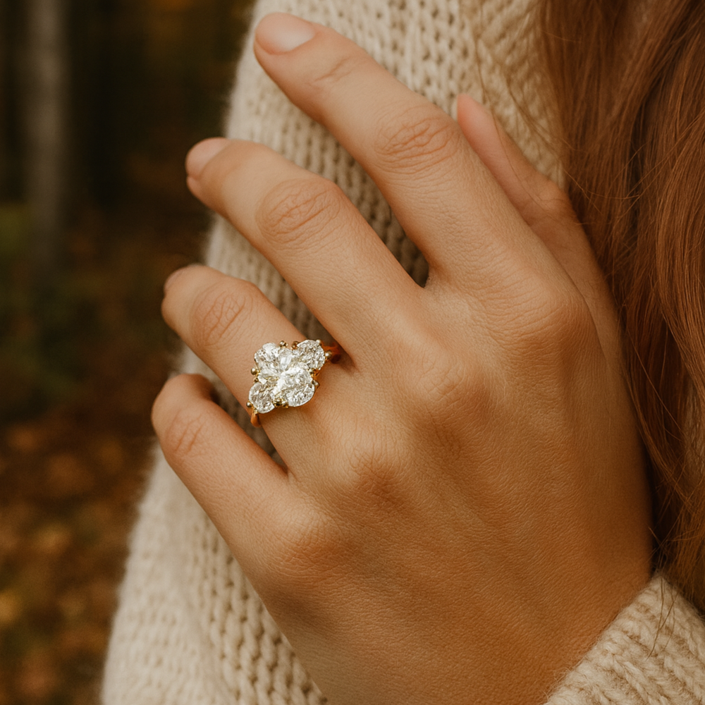 3 Carat Elongated Oval Engagement Ring, 3CT Oval and Half Moon Three Stone Setting on a Size 7 Finger.  Diamond Trio Ring, 5 Carat Lab Grown Diamond Statement Ring on the Hand | Rare Earth Jewelry