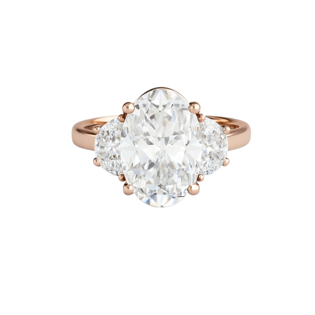 3 Carat Oval Lab Grown Diamond Engagement Ring with Half Moon Side Stones | 5CTW Three Stone Setting in Gold or Platinum