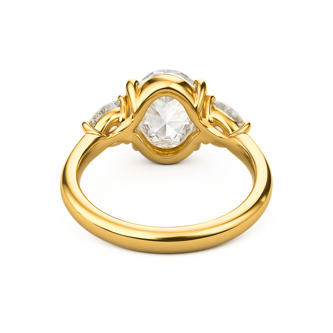 A view of the underside and gallery of the 3 carat oval lab grown diamond engagement ring with half moon side stones in a 3 stone setting | Rare Earth Jewelry