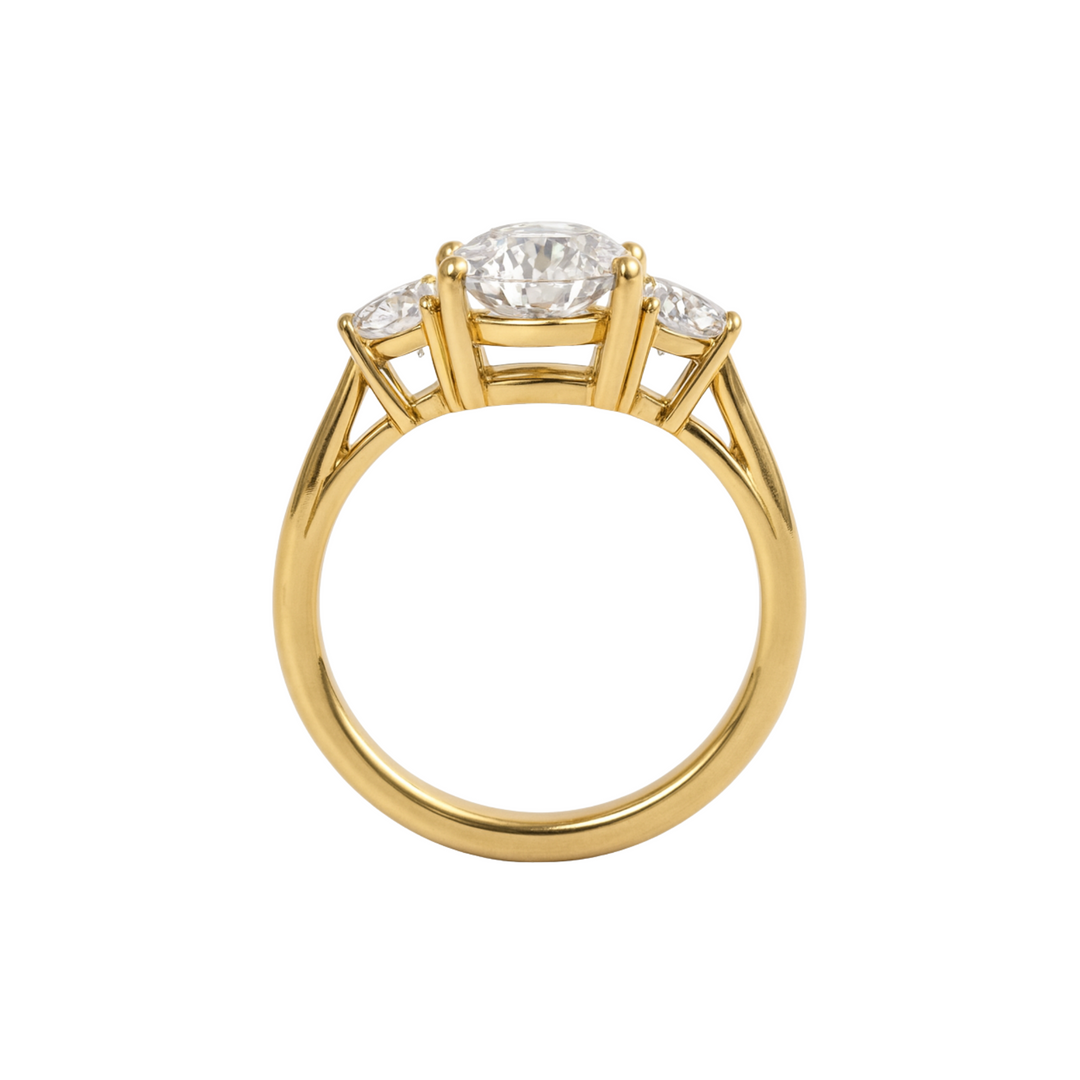 View of 3 carat oval lab grown diamond engagement ring through the three stone setting | Rare Earth Jewelry