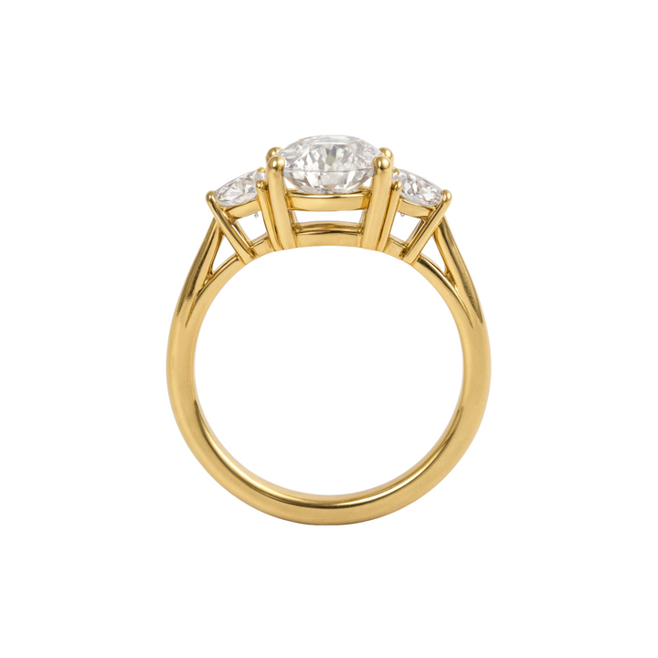 View of 3 carat oval lab grown diamond engagement ring through the three stone setting | Rare Earth Jewelry
