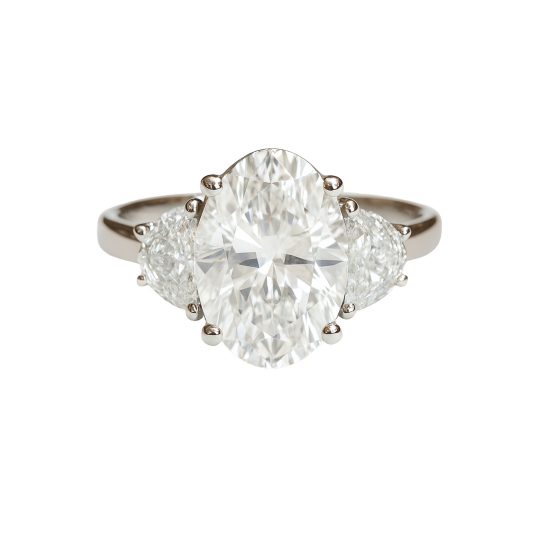 3 Stone Elongated Oval Diamond Engagement Ring with Half Moons in White Gold, Oval Lab Grown Diamond Statement Ring | Rare Earth Jewelry