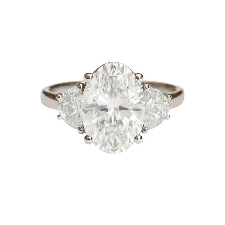 3 Stone Elongated Oval Diamond Engagement Ring with Half Moons in White Gold, Oval Lab Grown Diamond Statement Ring | Rare Earth Jewelry