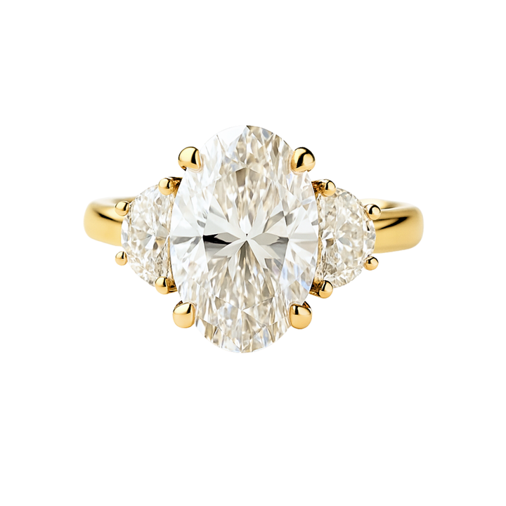 3 carat oval lab grown diamond engagement ring with half moon side stones, three stone setting in yellow gold | Rare Earth Jewelry