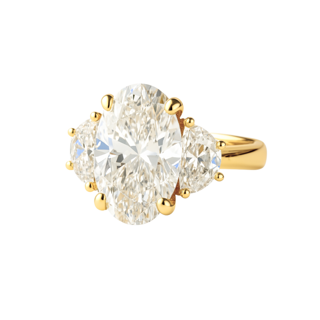 A 3 Carat Elongated Oval Lab Grown Diamond Engagement Ring in a Three Stone Setting with Half Moon Diamonds, Lab Grown Diamond Statement Ring in Gold or Platinum | Rare Earth Jewelry