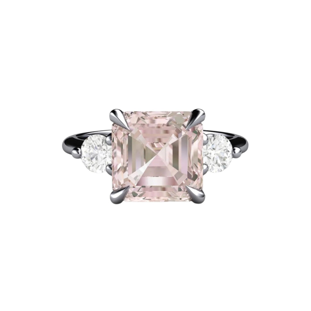 Natural Morganite Engagement Ring, Asscher Cut Three Stone with Diamonds, Platinum