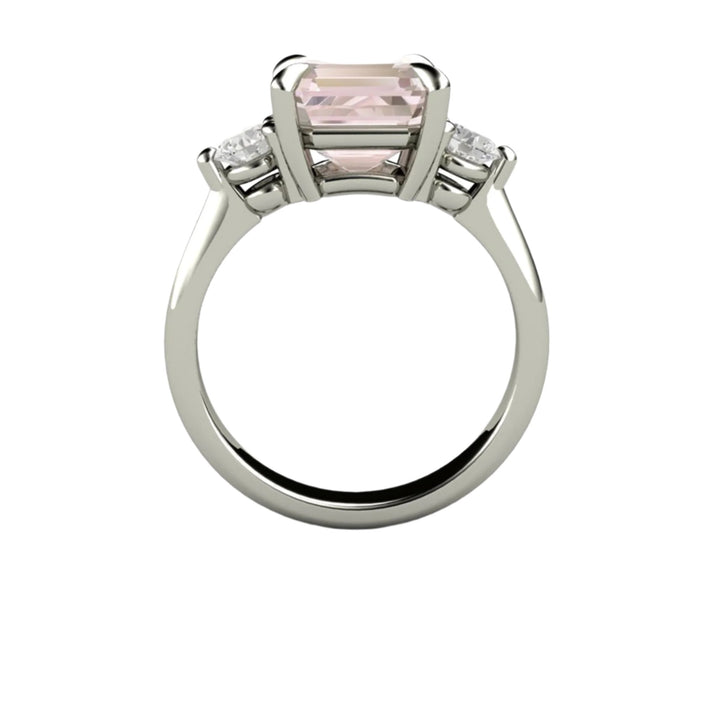 Profile View of 3 Stone Morganite Engagement Ring, Asscher Cut with Diamonds, Gold or Platinum