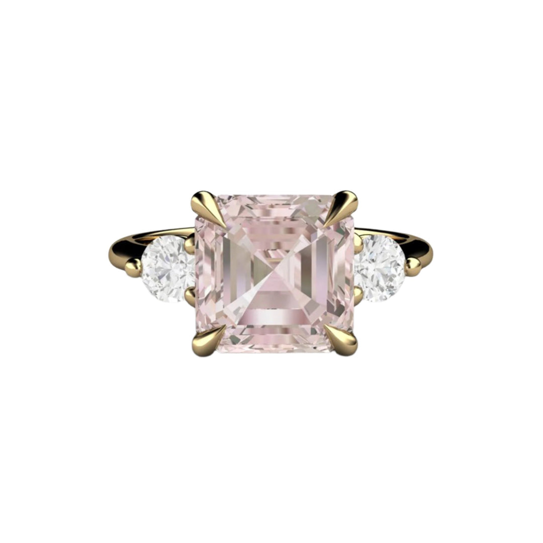 3 Carat Morganite Engagement Ring, Asscher Cut Natural Pink Morganite, Diamond Side Stones, 18K Yellow Gold