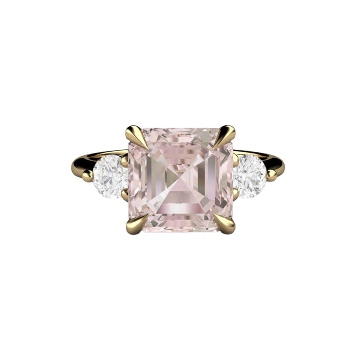 3 Carat Morganite Engagement Ring, Asscher Cut Natural Pink Morganite, Diamond Side Stones, 18K Yellow Gold