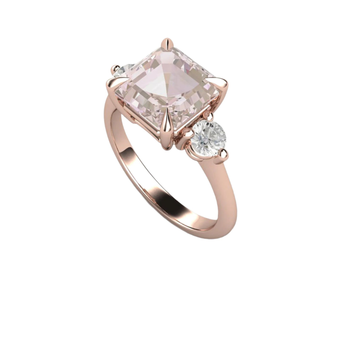 3 Stone Morganite Engagement Ring, 3ct Asscher Cut Pink Morganite Ring, 18K Rose Gold Morganite and Diamond Ring