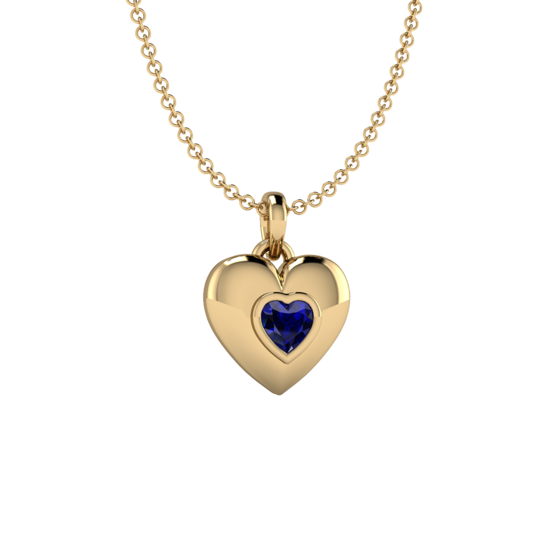 Puffy Sapphire Heart Pendant Necklace,  Bezel Set 14K Gold Adjustable Chain, September Birthstone