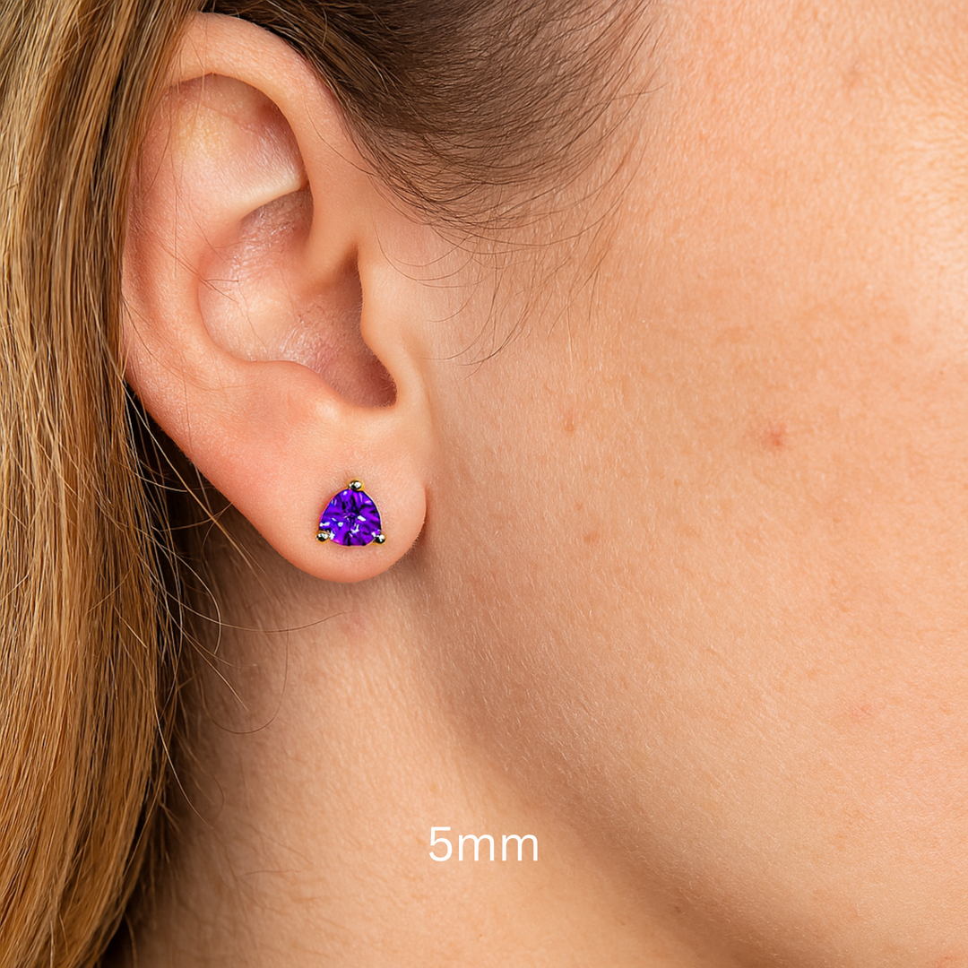 5mm Trillion Cut Amethyst Studs on the Ear, 14K Gold Amethyst Earrings, February Birthstone Earrings | Rare Earth Jewelry