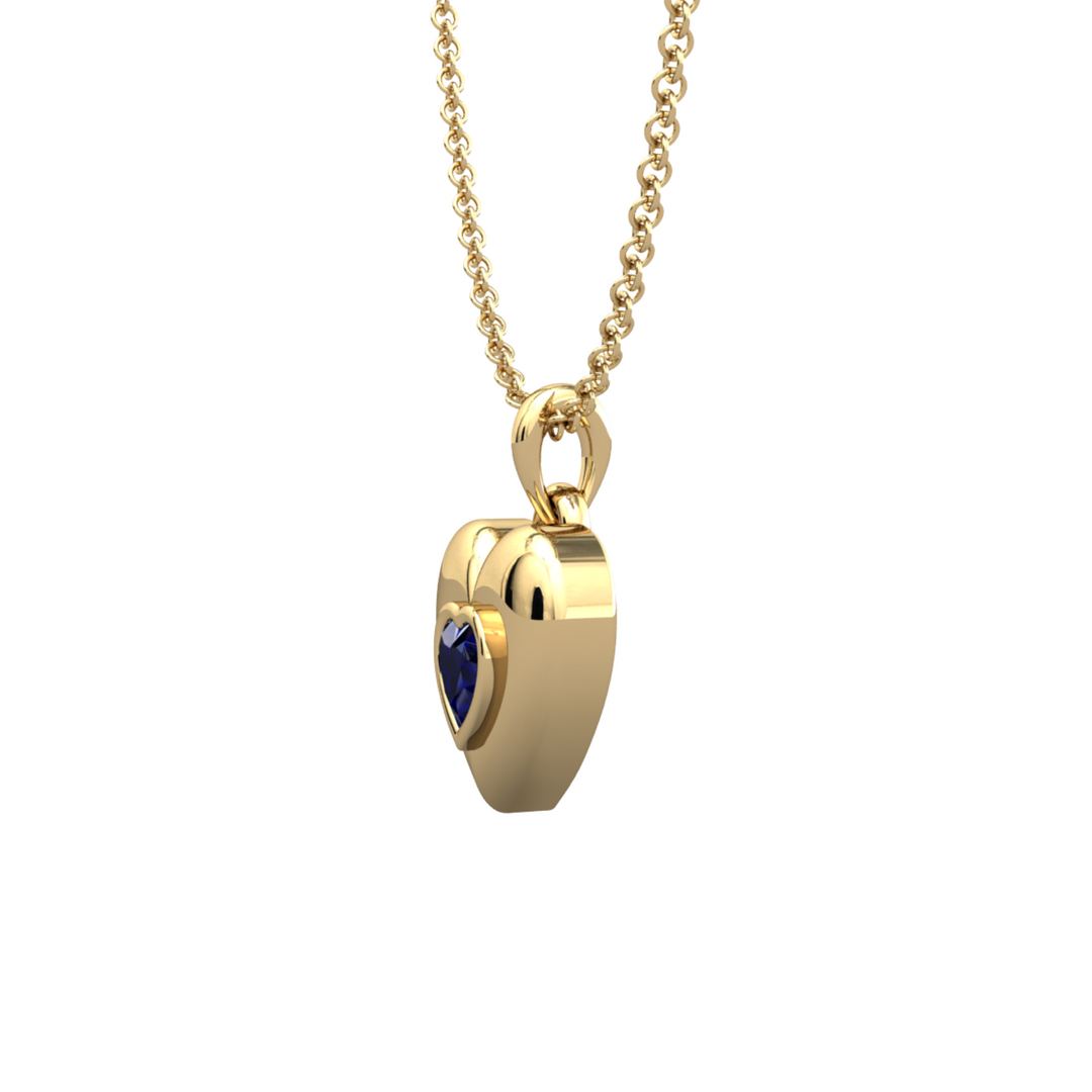 Puffy Sapphire Heart Pendant Necklace, Bezel Set 14K Gold Adjustable Chain, Side View