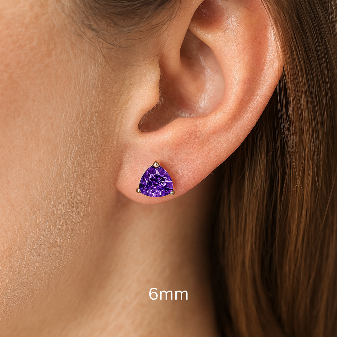 6mm Trillion Cut Amethyst Studs on the Ear, 14K Gold Amethyst Earrings, February Birthstone Earrings | Rare Earth Jewelry