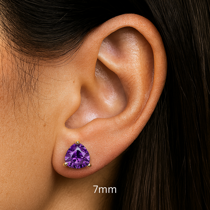 7mm Trillion Cut Amethyst Studs on the Ear, 14K Gold Amethyst Earrings, February Birthstone Earrings | Rare Earth Jewelry