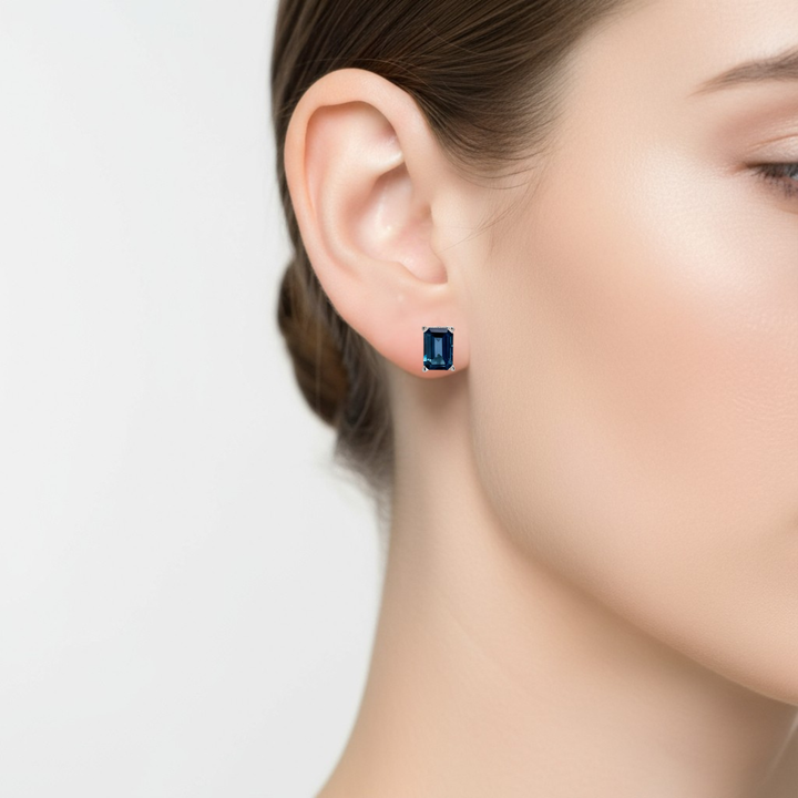 14K Gold London Blue Topaz Earrings, 7x5mm Emerald Cut Studs on the Ear, December Birthstone | Rare Earth Jewelry