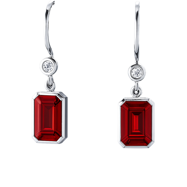 Emerald Cut Ruby and Diamond Earrings, Bezel Set Ruby Dangle Earrings on French Ear Wires in Gold or Platinum | Rare Earth Jewelry