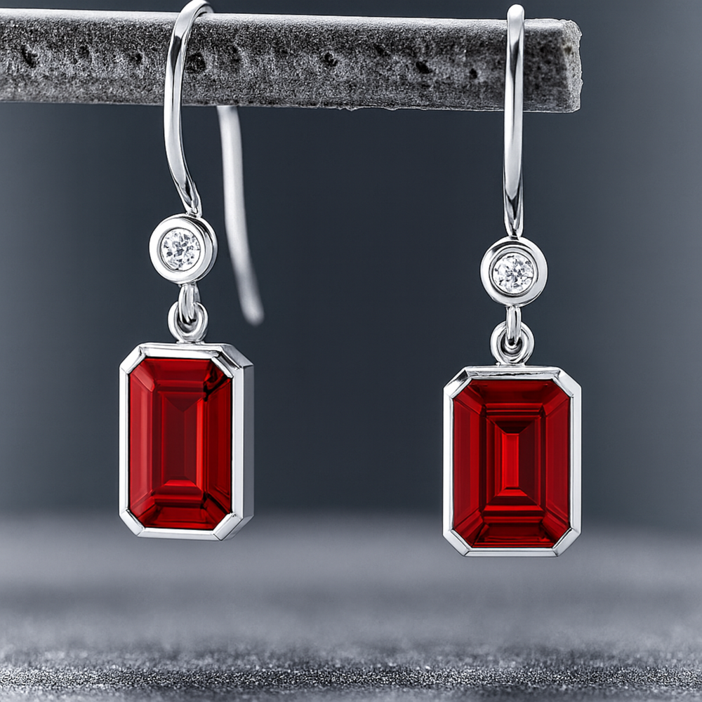 Emerald Cut Ruby Earrings with Diamonds, Bezel Set Ruby Dangle Earrings on French Ear Wires in Gold or Platinum | Rare Earth Jewelry