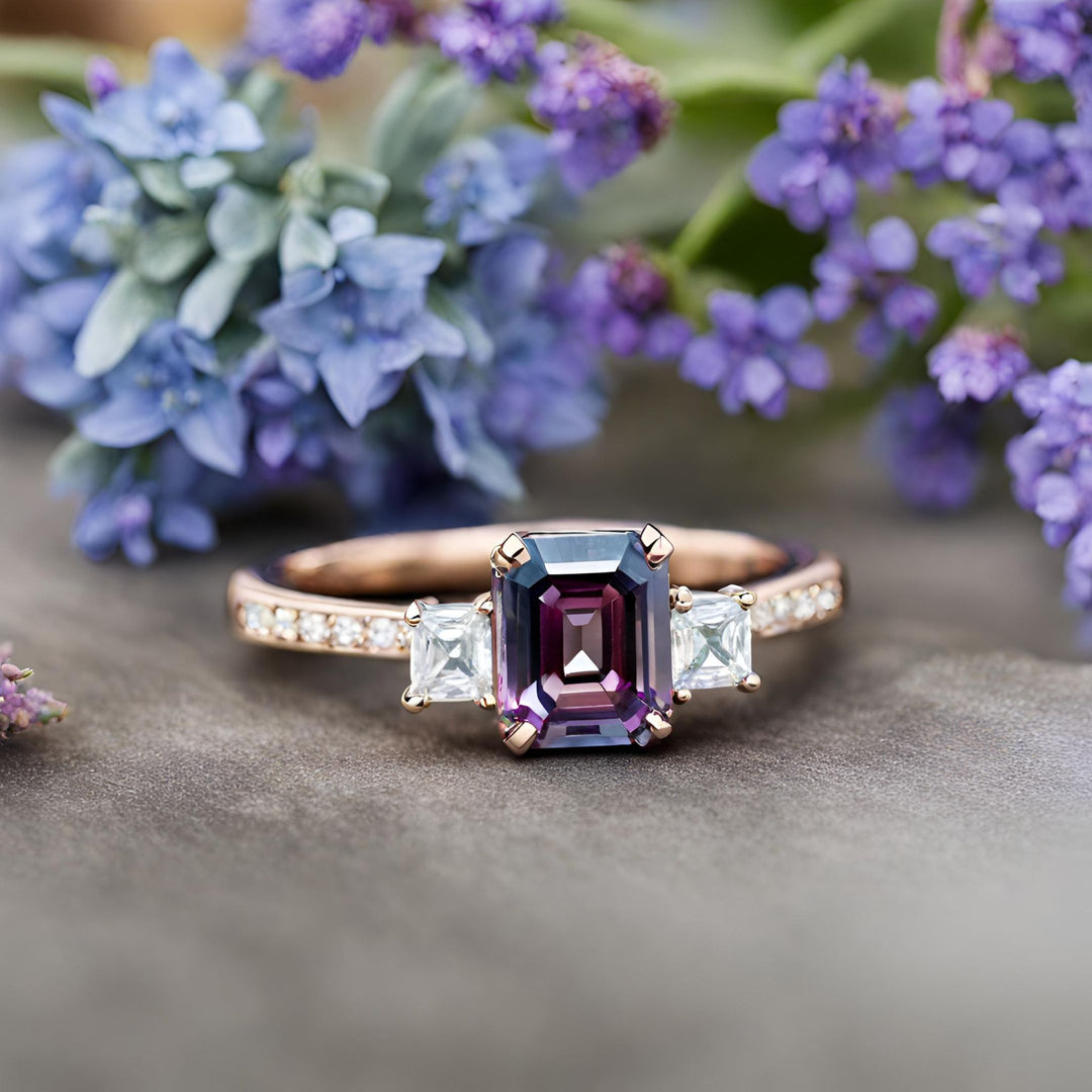 Alexandrite emerald cut-engagement ring in a three stone style with princess cut diamonds in rose gold from Rare Earth Jewelry.