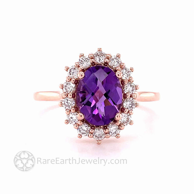 Amethyst and Diamond Ring Vintage Style Oval Cluster with Diamond Halo