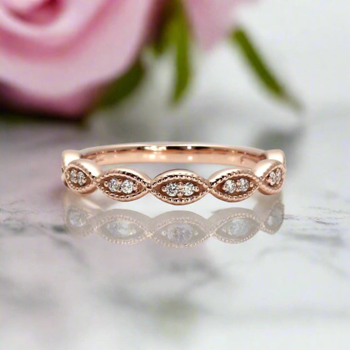 Vintage Style Wedding Ring with Diamonds and Milgrain Beaded Edge, Scalloped Wedding Band in Gold or Platinum