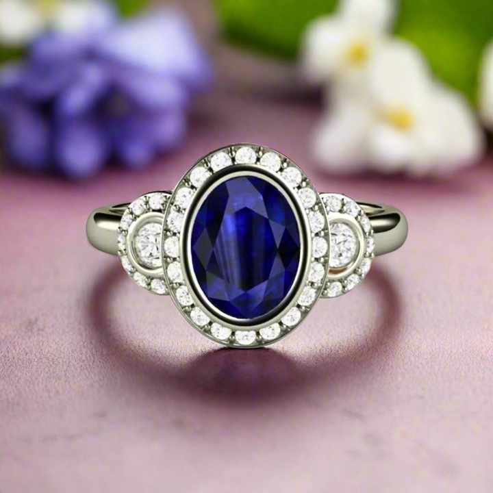 Oval Blue Sapphire Engagement Ring, Vintage Style Bezel Setting, 3 Stone Style with Diamonds, Gold or Platinum