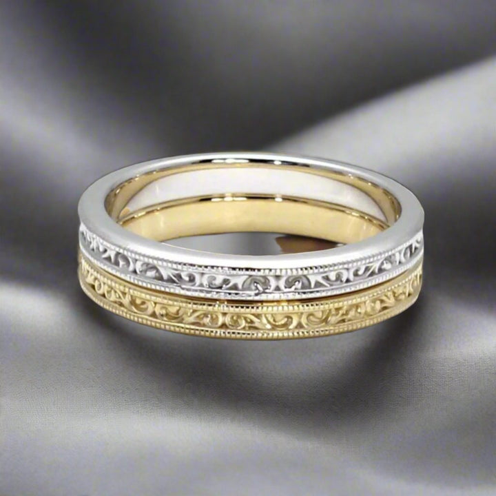 Antique Style Wedding Ring in White and Yellow Gold, 2.5mm Wide Bands with Filigree and Milgrain  