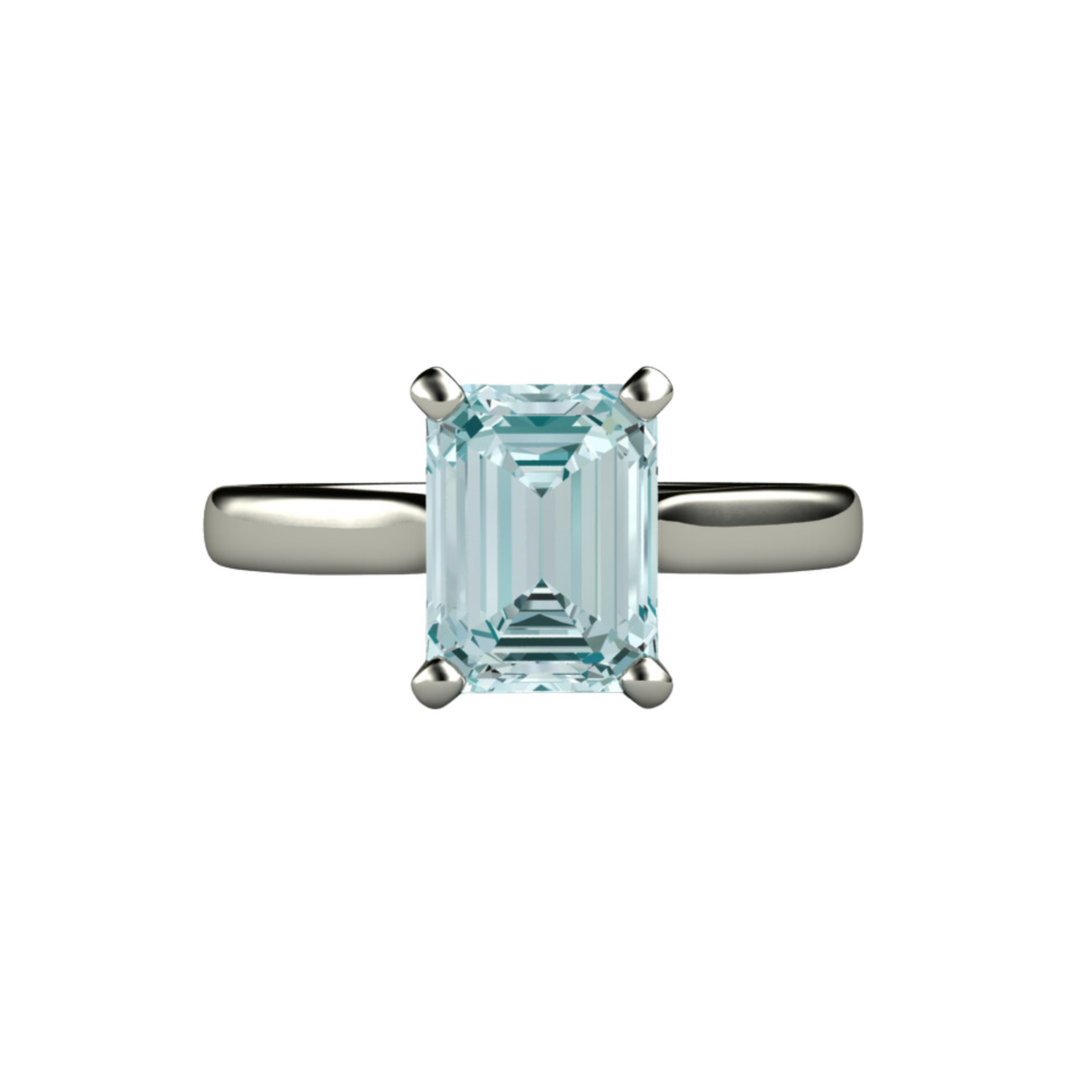 Natural Aquamarine engagement ring 8x6mm emerald cut solitaire in classic white gold from Rare Earth Jewelry.