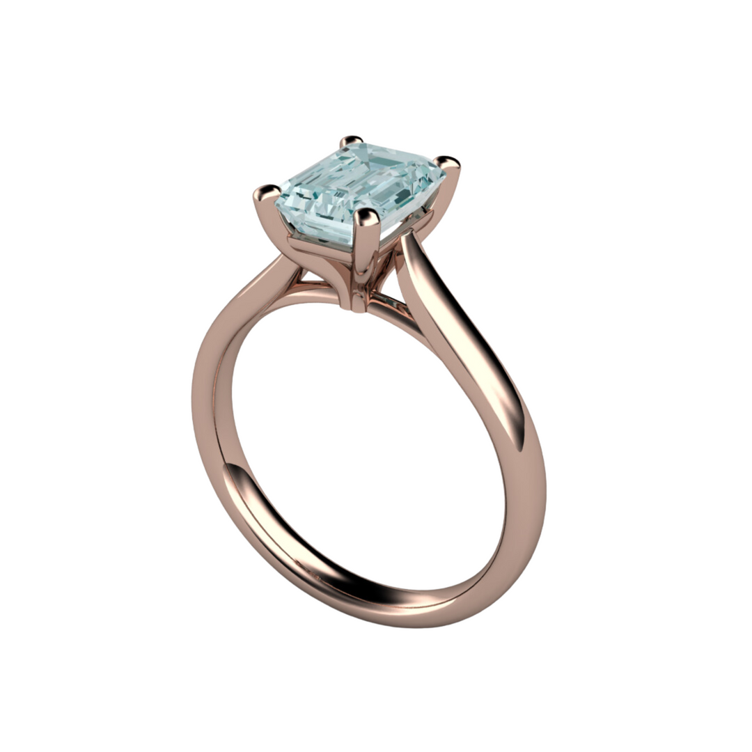 Emerald Cut Aquamarine Ring in a Classic Four Prong Solitaire Setting in 14K Rose Gold