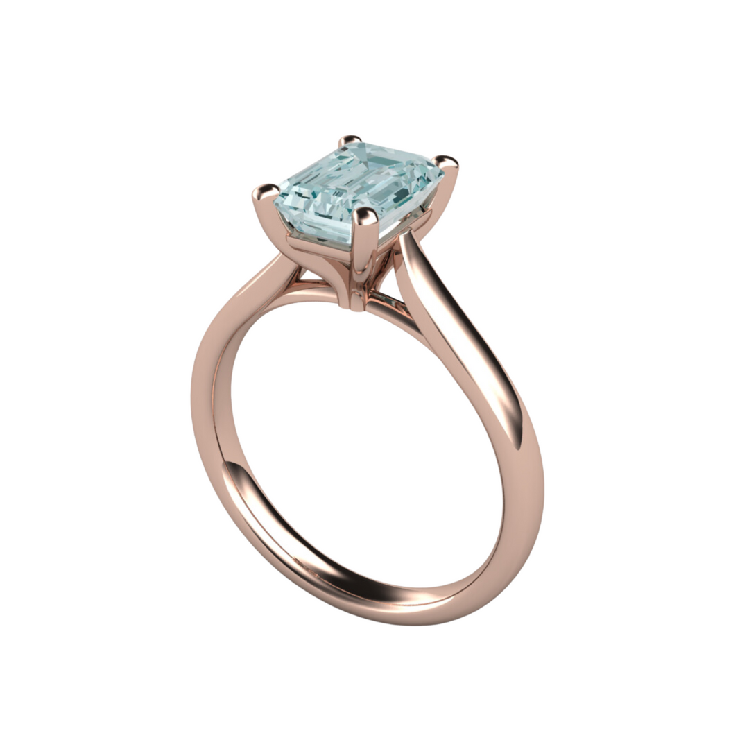 Aquamarine engagement ring emerald cut solitiare in 18K rose Gold from Rare Earth Jewelry.