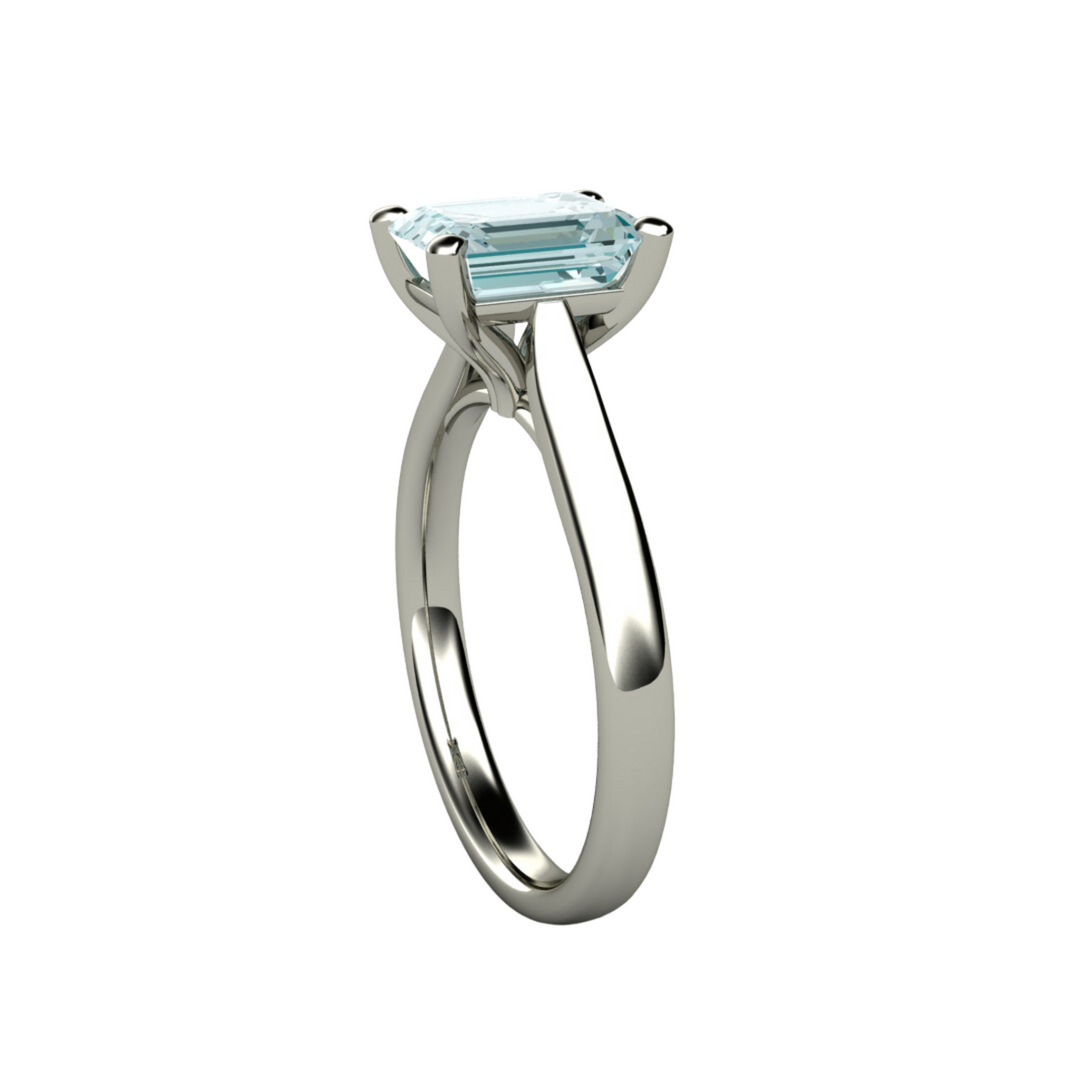 Aquamarine engagement ring emerald cut solitiare side view from Rare Earth Jewelry.