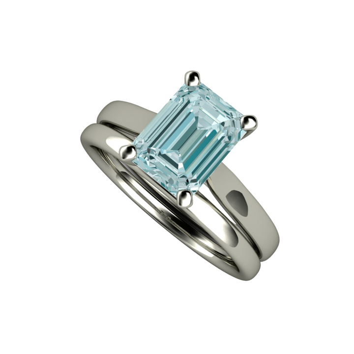 Aquamarine engagement ring emerald cut solitiare wedding set including wedding band from Rare Earth Jewelry.