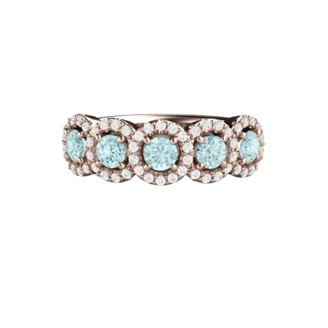 Natural Aquamarine Ring with Diamonds, Aquamarine Anniversary Band in 18K Rose Gold