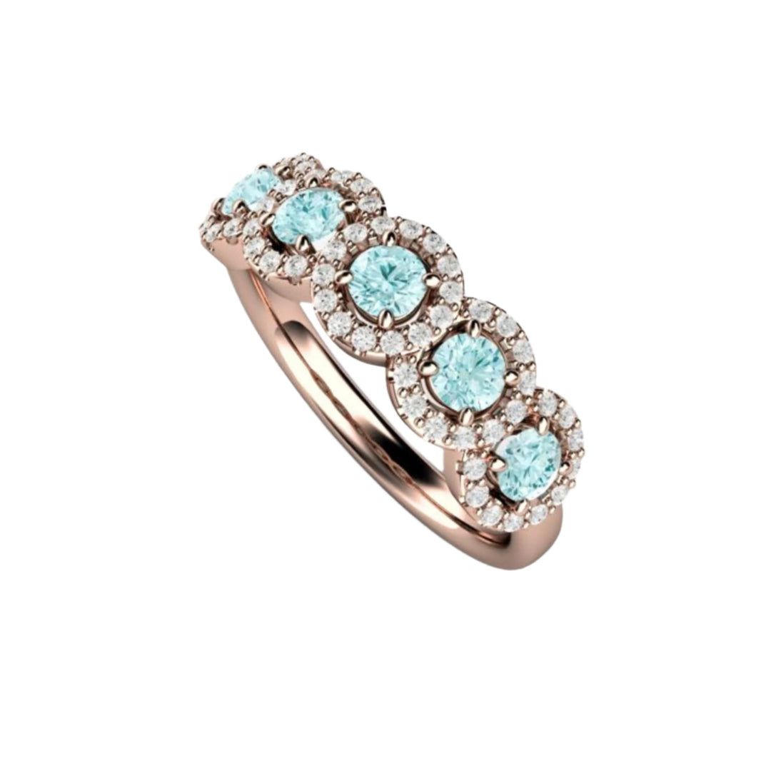 Genuine Aquamarine Band with Diamonds, Diamond Halo Band in 18K Rose Gold