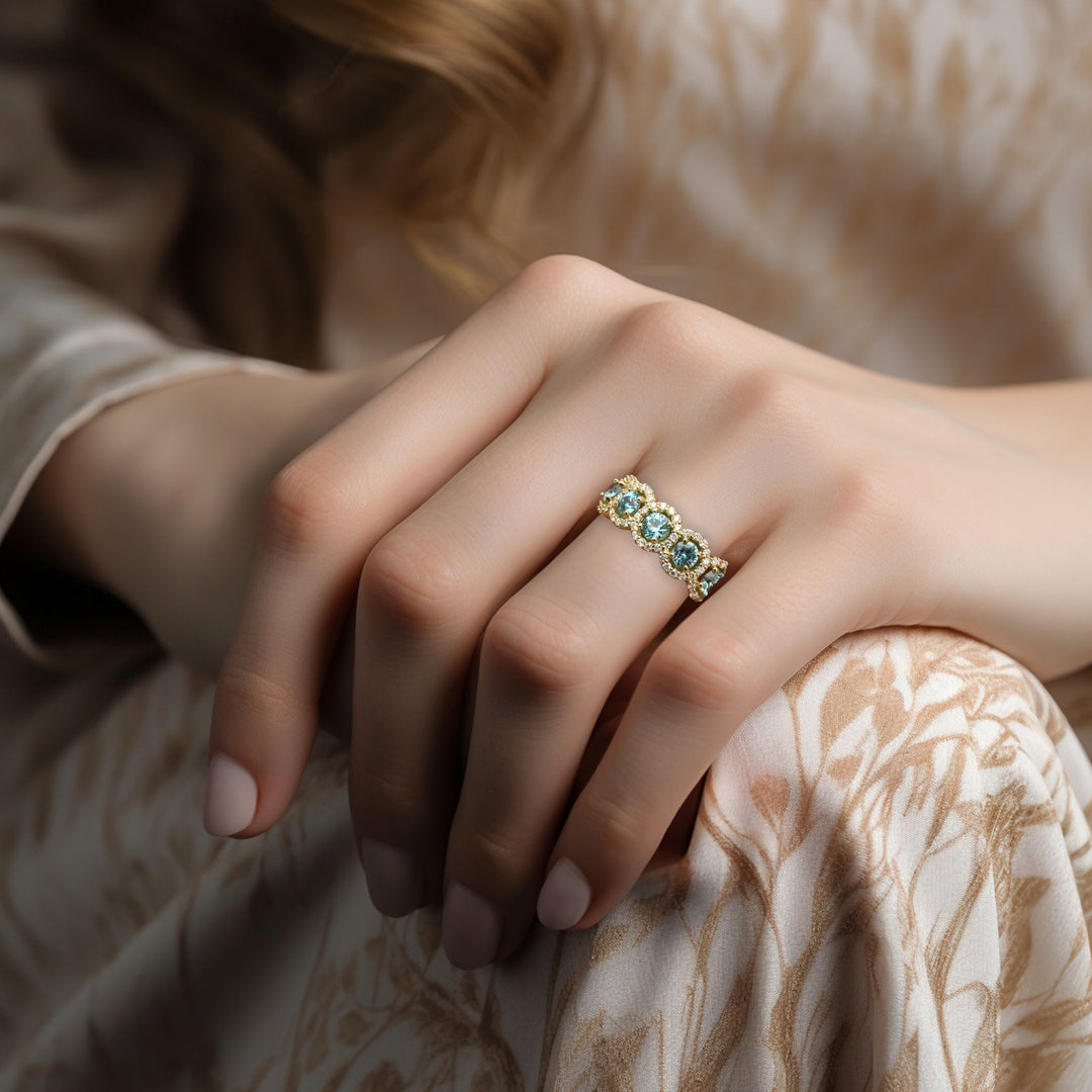 Aquamarine and Diamond Band,  Unique Aquamarine Wedding Ring, March Birthstone Band Shown on the Hand in 18K Yellow Gold - Rare Earth Jewelry