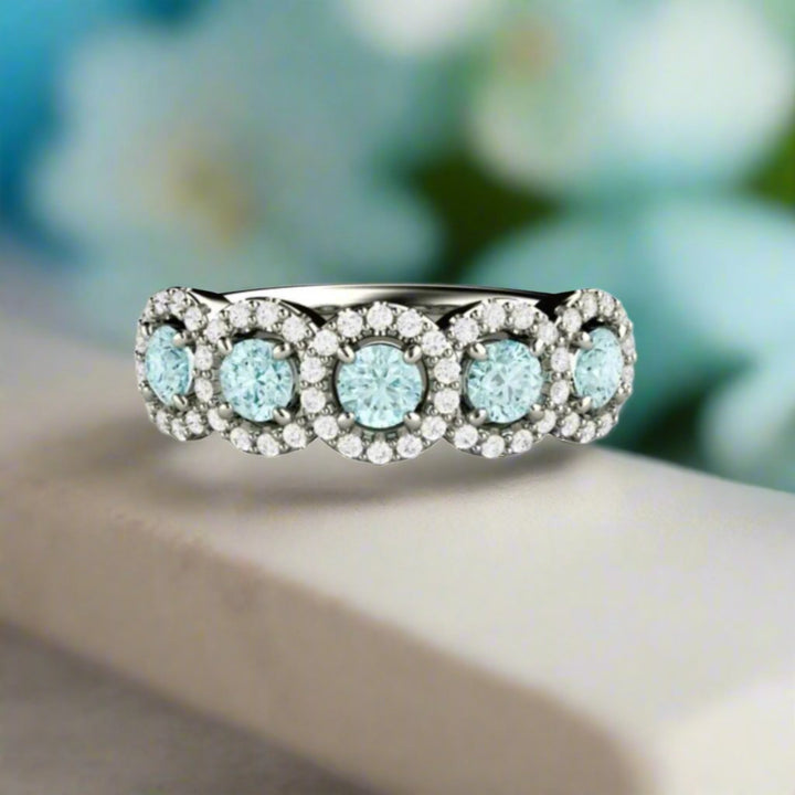 Natural Aquamarine Ring, Diamond Halo, Aquamarine and Diamond Band, March Birthstone Wedding Ring in 14K, 18K Gold or Platinum