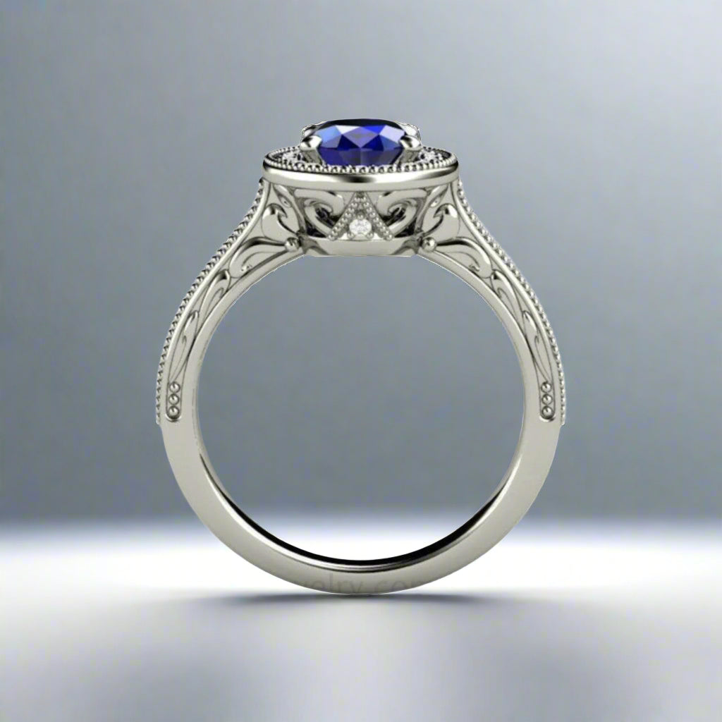 Antique Style Oval Blue Sapphire Engagement Ring, Diamond Accents, Filigree and Milgrain